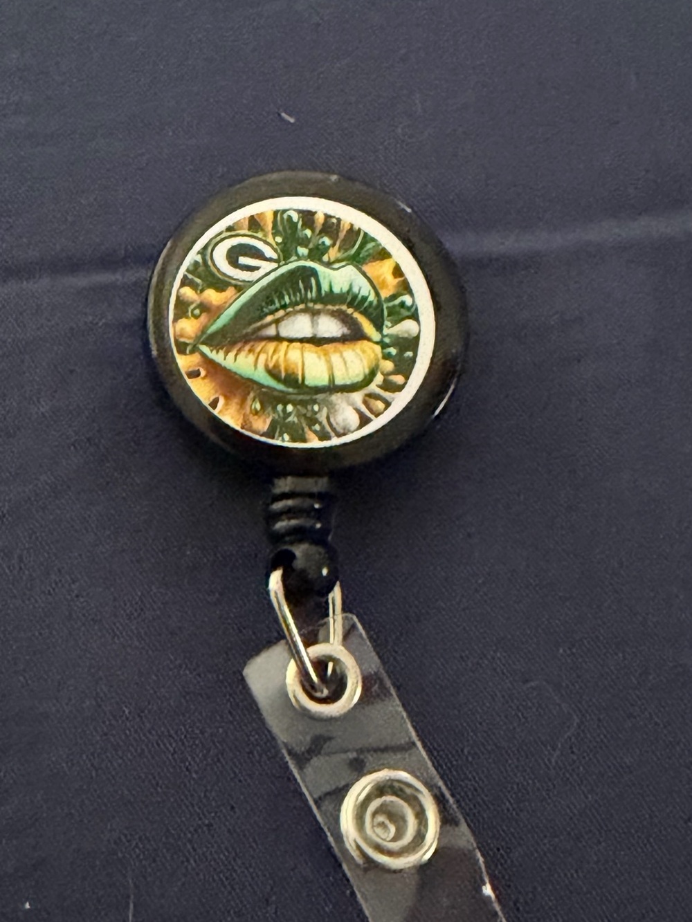 Green & Gold Lips Badge Reel - Women Accessories